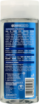 Tył przezroczystej butelki Isana Hyaluron Intense Tonik do twarzy 200ml z niebieską etykietą, widoczny skład.