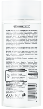 Tył białej butelki toniku Isana Hyaluron Intense z kwasem hialuronowym. Widoczne składniki, użycie i kod EAN.