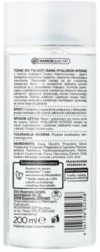 Tył białej butelki toniku do twarzy Isana Hyaluron Intense, widoczny kod kreskowy, skład i opis po polsku.