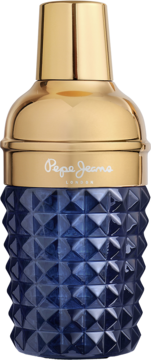 Pepe Jeans Celebrate męska woda perfumowana, butelka w kształcie shakera: złota góra, niebieski dół z teksturą.