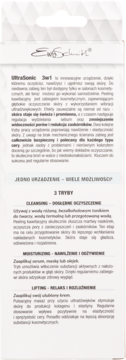 Białe opakowanie Ewa Schmidt UltraSonic 3w1, z opisem urządzenia do kawitacyjnego peelingu skóry.