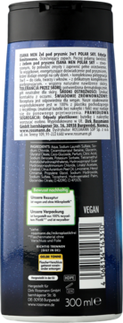 Tył niebieskiej butelki ISANA MEN Żel pod prysznic 3w1 Polar Sw, z listą składników i etykietą VEGAN, 300 ml.