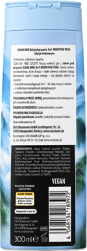 Tył niebieskiej butelki żelu pod prysznic dla mężczyzn SANOSAN MEN 3w1 MOUNTAIN PEARL. Skład, kod kreskowy, 300ml.