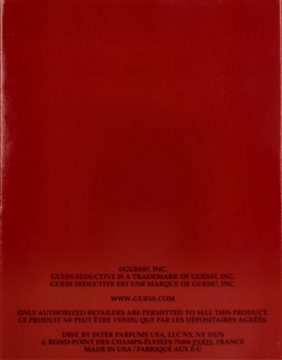 Tył czerwonego opakowania Guess Seductive Homme Red, widoczne białe napisy prawne i dystrybucyjne.