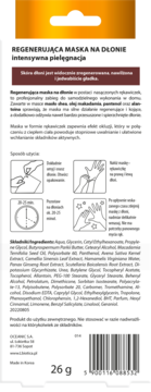 Tył białego opakowania maski regenerującej do dłoni 26g, ze składem, instrukcją i kodem kreskowym.