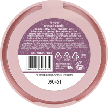 Tył różowego, okrągłego pudru Lovely Mineral – transparentny, silnie matujący fikser 10g.