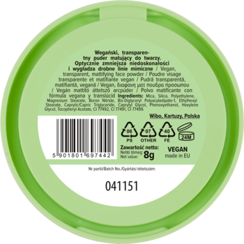 Tył zielonego, okrągłego opakowania Lovely Vegan Matującego Pudru do Twarzy, ze składem i wagą 8g.