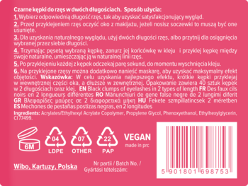 Tył różowego opakowania czarnych kępek do rzęs w dwóch długościach. Instrukcje i skład po polsku.