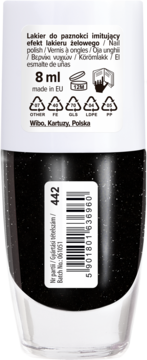 Czarny brokatowy lakier do paznokci Wibo Gloss Like Gel, odcień 442. Widok na tył butelki 8ml z czytelnym kodem.