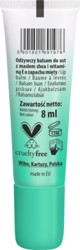 Tył turkusowej tubki balsamu do ust Wibo, o zapachu mięty, 8 ml, z kodem kreskowym i symbolem cruelty-free.