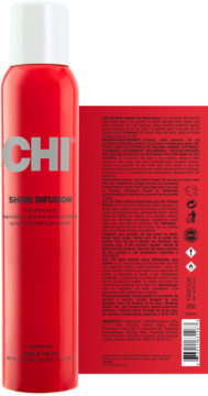 Czerwony nabłyszczacz do włosów w sprayu CHI Shine Infusion, widok z przodu i tyłu butelki z białym napisem.