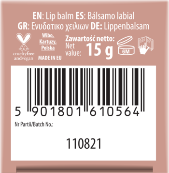 Tył opakowania wegańskiego balsamu do ust 15g, z kodem kreskowym i certyfikatem cruelty-free, na różowym tle.