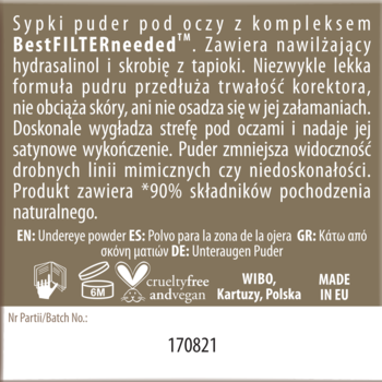 Sypki puder pod oczy WIBO, tył opakowania z białą etykietą, polski opis, ikony, na kremowym tle.