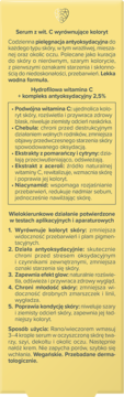 Tylne opakowanie serum z wit. C wyrównującego koloryt. Jasnożółta etykieta z opisem składu i użytkowania.