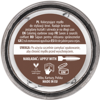 Okrągłe, brązowe wieczko koloryzującego mydła do brwi Wibo Fix & Color. Biała etykieta z tekstem i ikonami.