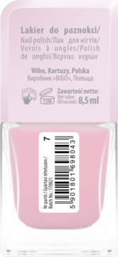 Różowy lakier do paznokci Wibo, widok tyłu butelki z etykietą, kodem kreskowym i numerem koloru 7.