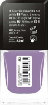 Fioletowy lakier do paznokci Wibo, tył opakowania z danymi producenta, kodem kreskowym i numerem partii.