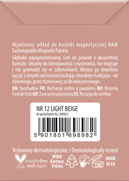 Tył beżowego opakowania wymiennego cienia NAM nr 12 Light Beige. Widoczny opis, kod kreskowy, logotypy.