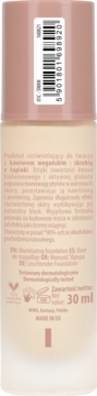 Tył beżowego podkładu rozświetlającego 30ml z wegańskim kawiorem, widoczny kod kreskowy i polski opis.