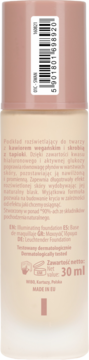 Tył butelki beżowego wegańskiego podkładu rozświetlającego do twarzy 30 ml, z polskim opisem produktu.