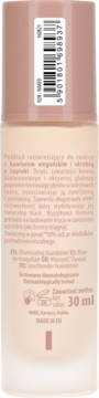 Tylna strona butelki podkładu rozświetlającego z wegańskim kawiorem, jasny beż, brązowa zakrętka, kod kreskowy.