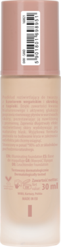 Tył opakowania podkładu rozświetlającego do twarzy w odcieniu Sand, z polskim opisem i kodem kreskowym, 30 ml.