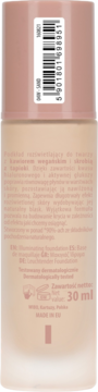 Tył matowej, jasnobeżowej butelki podkładu rozświetlającego 04W-SAND, z etykietą i kodem kreskowym 30 ml.
