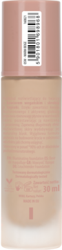 Tył beżowej butelki rozświetlającego podkładu do twarzy 30 ml, z kodem kreskowym i opisem w języku polskim.
