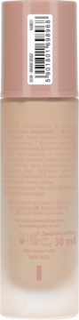 Tył butelki podkładu rozświetlającego do twarzy 30ml, jasnobeżowa z różową nakrętką, widoczny kod kreskowy.