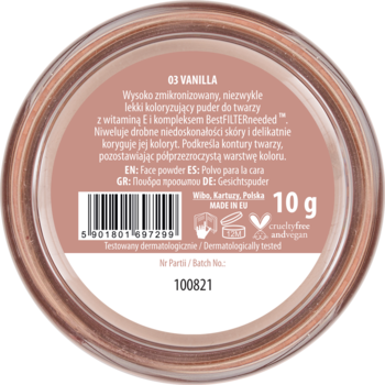 Widok od spodu beżowego pudru sypkiego do twarzy Vanilla 10g, etykieta z polskim opisem i logo Made in EU.