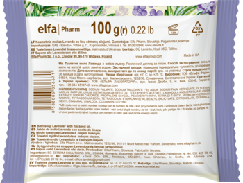 Tył opakowania mydła toaletowego Elfa Pharm z lawendą i olejem lnianym, fioletowo-białe, z etykietą składu.