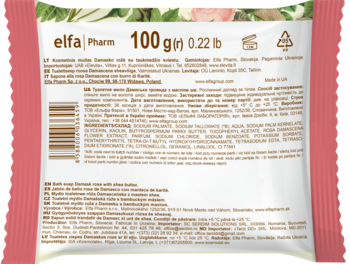 Tył różowego opakowania mydła Elfa Pharm: róża damasceńska, masło shea. Skład, waga 100g i kod kreskowy.