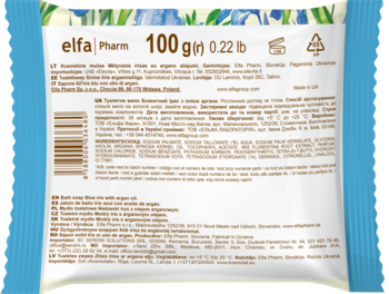 Tył mydła toaletowego Elfa Pharm 100g z irysem i olejem arganowym, białe opakowanie, widoczny kod kreskowy.