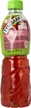 Butelka napoju owocowego Tymbark Wiśnia 500 ml. Czerwony sok, zielona zakrętka i etykieta, widok z przodu.