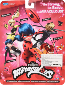 Tył opakowania figurki Miraculous Biedronka. Widać pięciu bohaterów: Ladybug, Cat Noir, Marinette, Queen Bee i Rena Rouge.