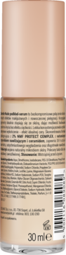 Tył beżowej butelki podkładu-serum Gentle Nude 404 Natural Beige 30ml z opisem i składem produktu.