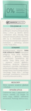 Tył opakowania Isana Pure Serum do twarzy w miętowym kartoniku. Widoczny opis działania, składników nawilżających i 0% mikroplastiku.