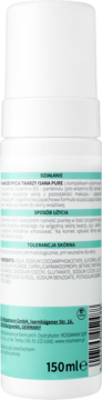 Biała butelka pianki do twarzy Isana Pure 150ml. Tył z zieloną etykietą, widoczne działanie i skład.