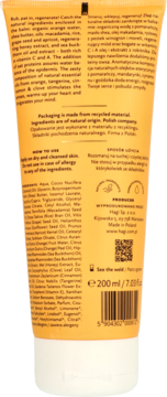 Hagi Balsam do ciała pomarańczowy regenerujący, tył opakowania tubki 200 ml z etykietą i składem.