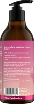 Tył brązowej butelki wegańskiego mydła do rąk Malina 400ml, różowa etykieta ze składnikami.