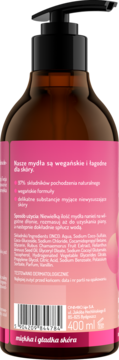 Tył brązowej butelki mydła do rąk Malina 400ml z czarną pompką, różowa etykieta ze składnikami i opisem.