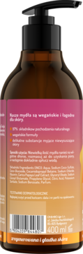 Mydło do rąk Papaja 400ml, tył brązowej butelki z pompką, widoczne wegańskie składniki i opis.