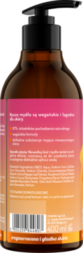 Tył brązowego mydła Papaja 400ml z czarną pompką. Różowo-pomarańczowa etykieta, opis, 98% nat. składników.