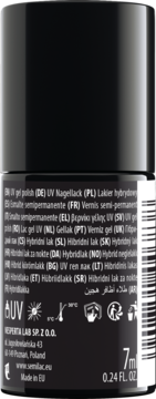 Czarny lakier hybrydowy Semilac, tył butelki 7ml z wielojęzyczną etykietą i symbolami UV.