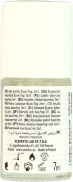 Tył przezroczystej butelki lakieru Nail polish Base/Top 2in1 Semilac 7ml, z etykietą w wielu językach.