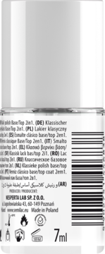 Tył butelki Semilac 2w1 Base/Top Coat 7ml, z napisami w wielu językach, kodem kreskowym i ikonami.
