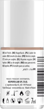 Tył butelki lakieru Nesperta Lab 7ml w kolorze ciepłego beżu. Widoczne szczegóły produktu i instrukcje.