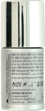Srebrna butelka lakieru hybrydowego Semilac 7ml, widok z tyłu z etykietą "FOR PROFESSIONAL USE ONLY!".
