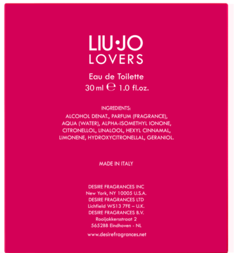 Tył różowego opakowania Liu Jo Lovers Eau de Toilette 30ml z listą składników i danymi producenta.
