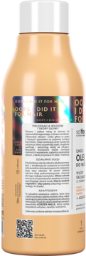 Tył beżowej butelki oleju do włosów Oops I Did It For Hair, z holograficzną etykietą i opisem.